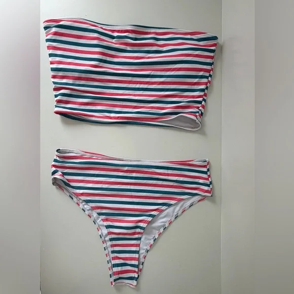 Women’s Striped Two-Piece Cheeky Swim Set - Pink, Teal & White - Picture 1 of 4